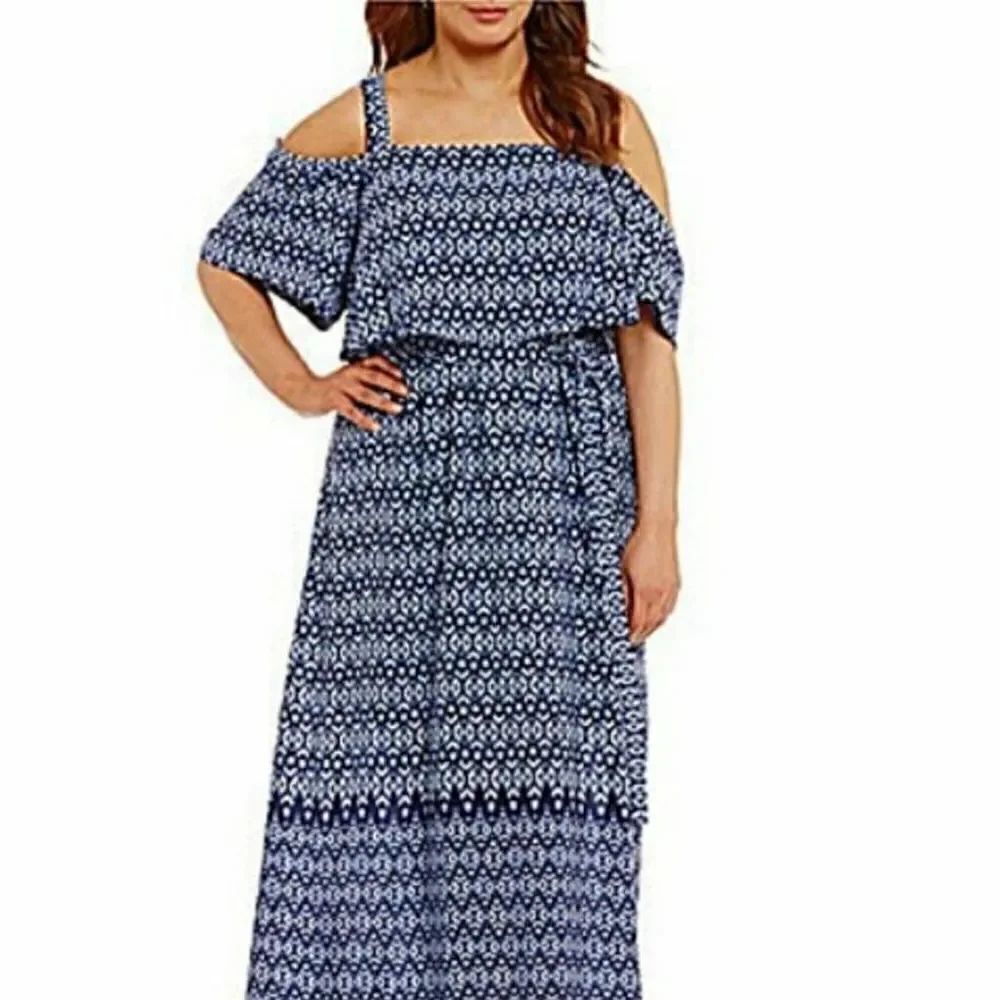Gibson Latimer Cold Shoulder Tie Belt Blue Maxi Dress Size 1X